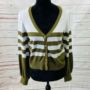 Michael Kors Sweater Women’s Medium Olive White Cardigan Striped Long Sleeve.